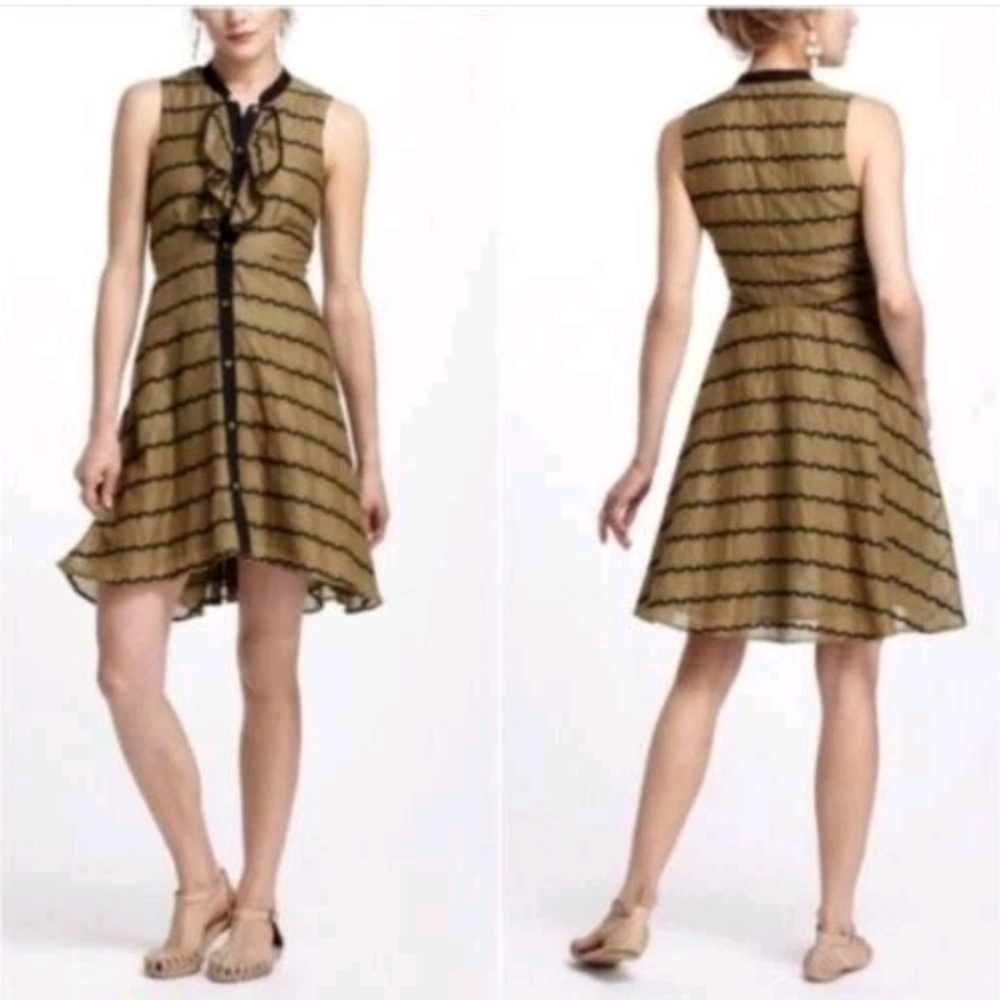 Anthropologie Postmark Olive Green Black Cotton Bubble Bands Shirt Dress Size 8